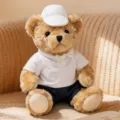 Cute dressed teddy bear plush toy with white polo shirt, hat and shorts, soft stuffed animal doll. - Sitting Dressed Bear (Height 25cm) / White Jacket