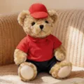 Cute sitting teddy bear plush toy wearing red polo shirt and baseball cap plushie doll - Sitting Dressed Bear (Height 25cm) / Red Clothing