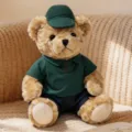 Dressed teddy bear plush toy with green polo shirt and hat, soft stuffed animal doll for children. - Sitting Dressed Bear (Height 25cm) / Dark Green Shirt