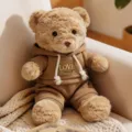 Cute brown teddy bear plush toy wearing a stylish hoodie and pants, soft and huggable companion. - 30cm / Hoodie Style / Khaki