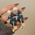 Vintage black gold abstract face pearl earrings geometric avant-garde statement drop jewelry - Black Face (3267)