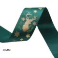 Ωραία πράσινη χριστουγεννιάτικη κορδέλα 38mm με χρυσό ελάφι και νιφάδες για δώρα. - Στυλ Σκούρο Πράσινο με Χρυσό Έλαφο και Χιονονιφάδα