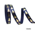Christmas blue ribbon with gold tree pattern, 10mm wide for gift wrapping and holiday decor. - Dark Blue Gold Christmas Tree Style