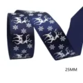 Blue Christmas ribbon with white snowflakes and reindeer prints, 25mm wide satin for gifts. - Dark Blue White Snowflake Reindeer Style