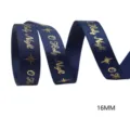 Blue Christmas ribbon with gold foil O Holy Night print, 16mm grosgrain gift wrapping webbing. - Dark Blue Ribbed Gold O Holy Night Style