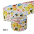 38mm cartoon bee honeycomb printed grosgrain ribbon for DIY crafts hair bow making 10 yards - Cartoon Bee Honeycomb Honey Text Pattern (M-21413-446) / 10 Yards