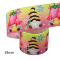 38mm colorful cartoon gnome printed grosgrain ribbon for DIY handmade hair bows and crafts. - Cartoon Gnome Flower Pattern (M-21413-447) / 10 Yards