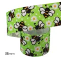 Green 38mm bee pattern grosgrain ribbon, cute cartoon daisy print DIY craft strap variant. - Green Base Cartoon Bee Daisy Pattern (M-21413-453)