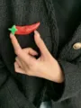 Red chili pepper brooch detail view, sweet and cool enamel dopamine style fashion jewelry item. - Red Chili Shape Brooch (R-608) / Red and Green