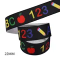 22mm black grosgrain ribbon with colorful letters and numbers print for DIY crafts and hair bows. - Size 10 / Black (M-21610-814)