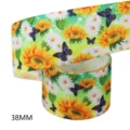 Green sunflower butterfly printed ribbon 38mm wide fabric trim DIY craft bow hair accessory material - Size 10 / Green Sunflower Style