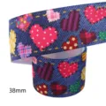 38mm colorful patchwork heart printed grosgrain ribbon for handmade DIY crafts hair bows - Dark Blue Heart (M-21723-1170)
