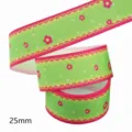 25mm Grosgrain Ribbon Green Pink Floral Printed Fabric DIY Craft Sewing Accessories - Size 10 / Green Base Pink Edge Red Flower Style (M-21329-271)