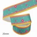 25mm Turquoise Grosgrain Lint met Roze Bloemen en Gele Rand voor DIY Ambachten Decor - Maat 10 / Cyaan Basis Gele Rand Roze Bloem Ster Stijl (M-21329-276)