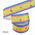 25mm gele grosgrain lint met blauwe rand en schattig roze bloemenpatroon voor DIY handwerk en decor. - Maat 10 / Gele Basis Blauwe Rand Roze Bloem Ster Stijl (M-21329-277)