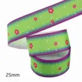 Groene grosgrain lint met bloemenprint, 25mm ambacht DIY handgemaakte decoratieve stoffen lint. - Maat 10 / Groene Basis Paarse Rand Roze Bloem Witte Ster Stijl (M-21329-279)