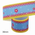38mm kleurrijke DIY thermische transfer grosgrain lint voor handgemaakte ambachten en strikken. - Maat 10 / Blauwe Basis Geel Frame Roze Kant Stijl (M-21329-286)