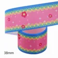 38mm Roze Grosgrain Lint met Blauwe Rand Bloemenprint DIY Handwerk Naailint 10 Yards - Maat 10 / Roze Basis Blauwe Rand Bloemen Stijl (M-21329-287)