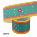 38mm kleurrijke grosgrain lint DIY handgemaakte warmteoverdracht bedrukte stoffen lint. - Maat 10 / Cyaan Basis Gele Rand Rode Bloem Stijl (M-21329-288)