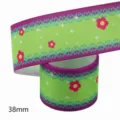 38mm Bedrukte Grosgrain Lint Groen Bloemen DIY Handwerk Stofband voor Strikken Naaien - Maat 10 / Groene Basis Paarse Rand Roze Bloem Stijl (M-21329-291)