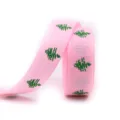 16mm pink Christmas ribbon variant, featuring green trees and white snowflakes for gift wrap. - Pink Tree Snowflake (4#) / Size 100