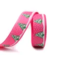 16mm pink Christmas grosgrain ribbon with white polka dots and green tree print for gifts. - Pink Dots Green Tree (10#)
