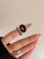Chique brede open metalen ring met zwarte kralen, trendy Europese stijl stapelbare ring. - Zilver Breed Zwart Kralen Stijl