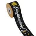 Black graduation ribbon 3.8cm wide with gold glitter cap and stars for gift wrapping and decor. - 5 Yards/Roll / Black