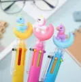 Cute unicorn 6-color ballpoint pen detail showcasing vibrant multiple ink refills and top figurine. - Moon Unicorn / 0.5mm / 6-Color