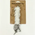 Detailed view of natural wool and feather cat toy, hanging on packaging card showing sheep scent. - Wool Style 6