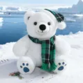 Mignon peluche d'ours polaire blanc avec écharpe et bonnet à carreaux verts, poupée douce. - Ours Polaire de Noël - Écharpe à Carreaux Verts de Noël