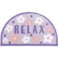 Purple semi-circular tufted bath mat with floral pattern and relax text, absorbent floor rug. - Purple Flower