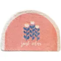 Semicircle plush bath mat with floral design and text, soft absorbent non-slip floor rug for home bathroom. - Pink Tulip