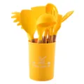 Yellow silicone kitchen utensil set with wooden handles and storage holder for cooking. - Kitchenware Set