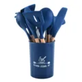 Blue silicone kitchen utensil set with wooden handles and storage holder for home cooking. - Kitchenware Set