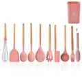 10-piece pink silicone kitchen utensil set with wooden handles, heat-resistant cooking tools. - 11-Piece Set Style 1