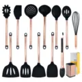 Set de cocina de silicona con mangos de metal de oro rosa utensilios antiadherentes - Juego de 12 Piezas con Cubo de Almacenamiento de Acero Inoxidable