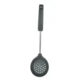 Grey silicone slotted spoon with stainless steel handle, essential kitchen cooking tool. - Skimmer