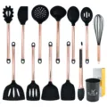 Juego de utensilios de cocina de silicona con mangos de acero inoxidable oro rosa. - Juego de 12 Piezas con Cubo de Plástico