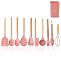 Pink silicone kitchen utensil set with wooden handles, 10-piece durable cooking tools holder. - 11-Piece Set Style 2