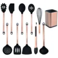 Juego de utensilios de cocina de silicona con mangos de metal oro rosa para el hogar. - Juego de 11 piezas