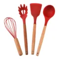 4-piece silicone kitchen utensil set with wooden handles, heat resistant cooking tools. - Red