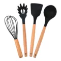 Kitchen utensils set of 4, black silicone head with wooden handle for non stick cookware. - Black