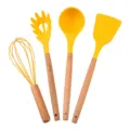 4-piece silicone kitchen utensils set with wooden handle in yellow color, non-stick cooking tools - Yellow