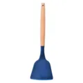 Blue silicone cooking spatula with natural wooden handle, non-stick kitchen utensil item. - Turner Spatula