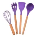 4-piece silicone kitchen utensils set with wooden handle, purple cooking tools and spatula. - Purple