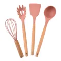 Pink silicone kitchen utensils set with wooden handle, 4-piece modern cooking tools for daily use. - Pink