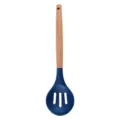 Cucchiaio da cucina forato in silicone blu con manico in legno per pentole antiaderenti. - Cucchiaio Forato
