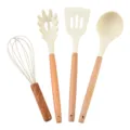 4-piece silicone kitchen utensil set with wooden handles, non-stick cookware spatula and soup ladle. - White