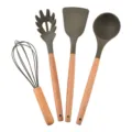 4-piece silicone kitchen utensil set with wooden handles, non-stick cookware spatula and ladle. - Gray